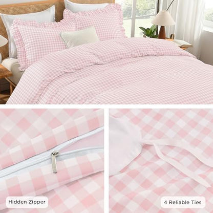 Andency Pink Gingham Duvet Cover King, Ruffle Shabby Chic Bedding Set 3 Pcs