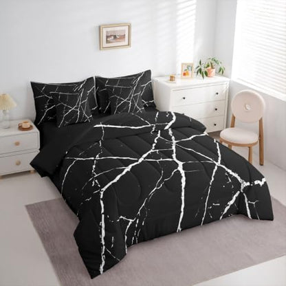 Erosebridal Black Marble Full Bedding Set 7 Piece White Texture Bed in A Bag with Sheets Ink Painting Stone Pattern Comforter Set for Kids Adults,Retro Watercolor Artwork Bed Sets