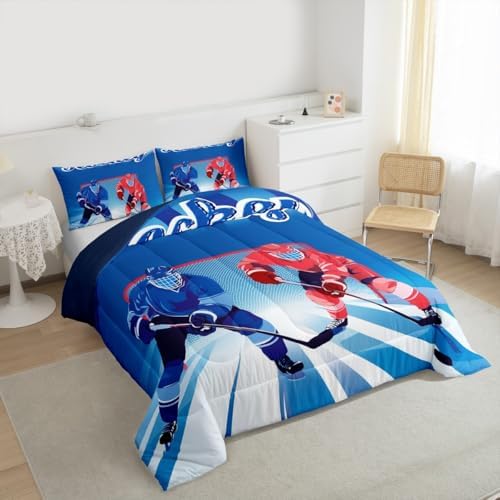 Homewish Ice Hockey Full Size Comforter Set,Sports Gaming Bedding Set for Adults Teens,Children Hockey Sport Player Comforter Luxury Blue and Red Quilt Set Room Decor 3Pcs