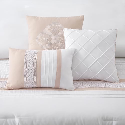 LANCO MODERN LIFESTYLE 7 Piece Comforter Set, Pink White, King Size, Boho Style Geometric Microfiber Embroidery, Bed in a Bag with Bedskirt, Pillow Shams and Decor Pillows
