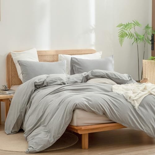 BESTOUCH Cotton Solid Duvet Cover Set Linen Feel Light Grey Super King Plus
