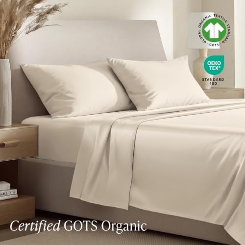 Bare Home 100% Organic Cotton Sateen Sheet Set (Split Head Flex King, Sand)