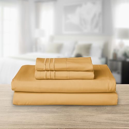 Elegant Comfort Luxurious 1500 Premium Hotel Quality Microfiber Three Line Embroidered Softest 4-Piece Bed Sheet Set, Wrinkle and Fade Resistant, King, Camel-Gold