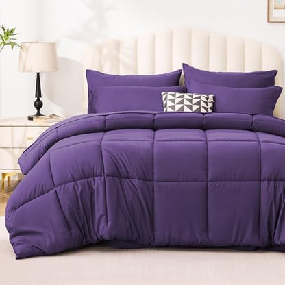 Love's cabin Twin XL Comforter Set Dark Purple, 5 Pieces Twin XL Bed in a Bag, All Season Bedding Sets with 1 Comforter, 1 Flat Sheet, 1 Fitted Sheet, 1 Pillowcase and 1 Pillow Sham