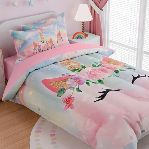 SANDJEST Unicorns Bedding Set for Girls Kids Teen Tween, Ultra Soft Microfiber Comforter Set Full Size with 4-Pieces, Comforters Bed Sets Bedroom Decor