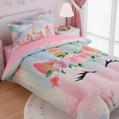 SANDJEST Unicorns Bedding Set for Girls Kids Teen Tween, Ultra Soft Microfiber Comforter Set Full Size with 4-Pieces, Comforters Bed Sets Bedroom Decor