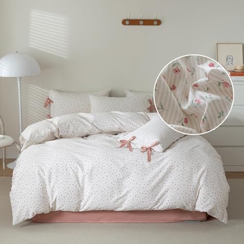Cotton Floral Duvet Cover Full Size Pink Rose Flower Comforter Cover Chic Floral Stripes Bedding Set Girls Women Cottagecore Duvet Cover with 2 Bowknot Pillowcases Vintage Flower Bedding Set Full