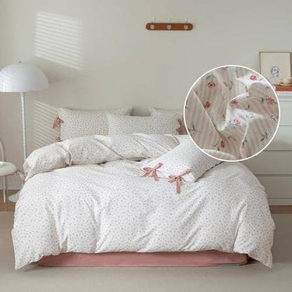 Cotton Floral Duvet Cover Full Size Pink Rose Flower Comforter Cover Chic Floral Stripes Bedding Set Girls Women Cottagecore Duvet Cover with 2 Bowknot Pillowcases Vintage Flower Bedding Set Full
