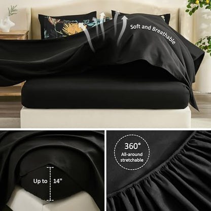 Luxudecor King Comforter Set 7 Pieces Bedding Sets, Black Floral Comforter and Sheet Set, Soft Microfiber Bed in a Bag for All Seasons (Black,104"x90")