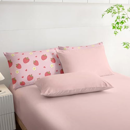 Nttopship Cute Strawberry Twin Comforter Set,Light Cute Pink Strawberry Bedding Set 7 Piece in A Bag,Bed Sheet Set Cute Strawberries and Flowers Decor,Microfiber Lightweight All Season