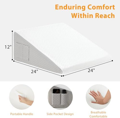 Ruqmuis Wedge Pillow for Sleeping, 12" Bed Wedge Pillow for Headboard, Triangle Incline Wedges for Acid Reflux, Pillows Wedge for Back Pain Relief, Elevated Leg Pillows After Surgery, Snoring, White
