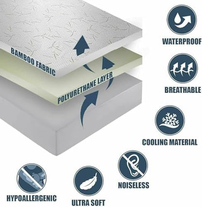 Bamboo Mattress Protector with Zipper - 100% Waterproof Twin XL Size Cooling Mattress Cover - Ultra Soft Jacquard Fabric Breathable Noiseless Mattress Pad Cover - Zippered Mattress Encasement