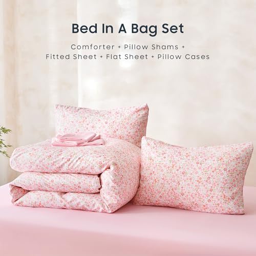 Wake In Cloud - Floral Comforter Set with Sheets, Cute Vintage Flower Cottagecore Aesthetic for Women Teen Girls, 7 Pieces Bed in a Bag, Pink, Queen Size