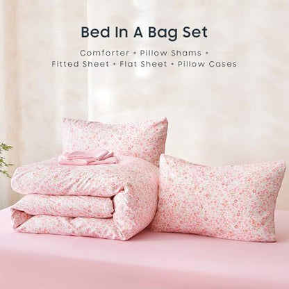 Wake In Cloud - Floral Comforter Set with Sheets, Cute Vintage Flower Cottagecore Aesthetic for Women Teen Girls, 7 Pieces Bed in a Bag, Pink, Queen Size