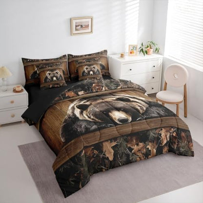 Erosebridal Grizzly Bear Twin Bedding Set 7 Piece Rustic Hunting Bear Bed in A Bag with Sheets Farmhouse Cabin Comforter Set for Kids Adults,Wildlife Animal Black Brown Bed Sets