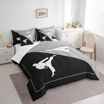 Castle Fairy Teens Adult Taekwondo Comforter Set King Size 7 Pcs Black Gray Bedding Set with Comforter,Sheet Set,Pillowcase and Sham Japanese Style Bed Set Kungfu Bedding for Room Decorative