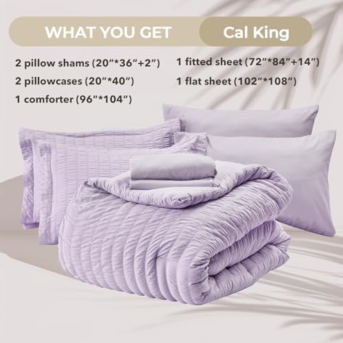 HYMOKEGE Lavender California King Comforter Set Seersucker 7 Pieces, All Season Luxury Bed in a Bag for Bedroom, Bedding Set with Comforters, Sheets, Pillowcases & Shams