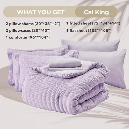 HYMOKEGE Lavender California King Comforter Set Seersucker 7 Pieces, All Season Luxury Bed in a Bag for Bedroom, Bedding Set with Comforters, Sheets, Pillowcases & Shams