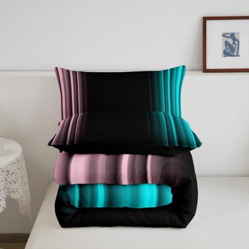 Feelyou Teens Abstract Ombre Decorations Bedding Set for Kids Women Pink Teal and Black Comforter Set Geometric Modern Quilt Set Room 2Pcs Twin Size