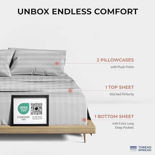 THREAD SPREAD Egyptian Cotton Sheets King Size - 1200 Series Plush Collection Damask Sheet Set Egyptian Cotton (4 PC, Silver Grey Stripe), Luxury Sheet King Size, Soft, Cooling Deep Pocket Sheets