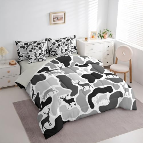 Erosebridal Camo Bed in A Bag 7 Pcs Wild Hunting Deer Comforter Set for Kids Boys Girls Vintage Grey Black Bedding Sets Full Wildlife Camouflage Sheet Set with Comforter
