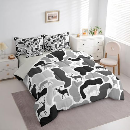 Erosebridal Camo Bed in A Bag 7 Pcs Wild Hunting Deer Comforter Set for Kids Boys Girls Vintage Grey Black Bedding Sets Full Wildlife Camouflage Sheet Set with Comforter