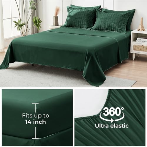 HYMOKEGE Emerald Green Oversized King Comforter Set Seersucker 7 Pieces, All Season Luxury Bed in a Bag for Bedroom, Bedding Set with Comforter, Sheets, Pillowcases & Shams