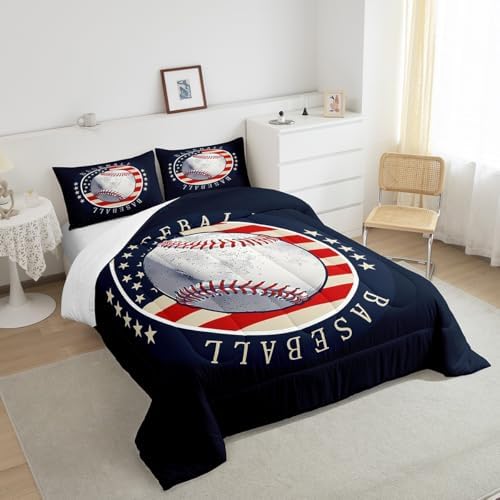 Castle Fairy Boys Baseball American Flag Comforter Set Queen Size Teens Sports Bedding Set Kids Boys Girls Bedroom Decoration Baseball Bed Duvet Insert Navy and Red Comforter with 2 Pillowcase
