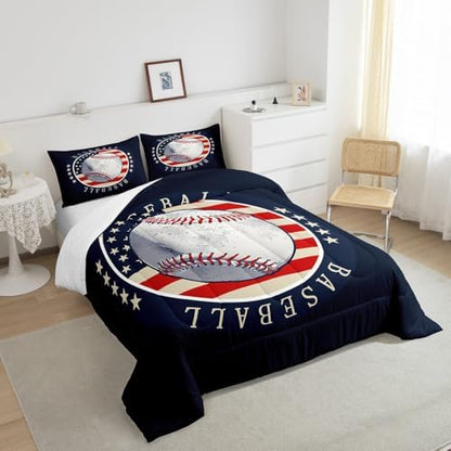 Castle Fairy Boys Baseball Comforter Set American Flag Bedding Set for Kids Teens Adults Sports Baseball Comforter Navy and Red Quilted Duvet Set Bedroom Collection Twin Size 2Pcs
