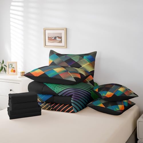 Erosebridal Luxury Diamond Geometric Bed in A Bag with Sheets Full Colorful Checkered 7 Piece Comforter Set Modern Abstract Stripes Bedding Set,Watercolor Patchwork Bedding Comforter Sets