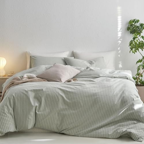 MooMee Striped Duvet Cover Set 100% Washed Cotton Linen Like Super King
