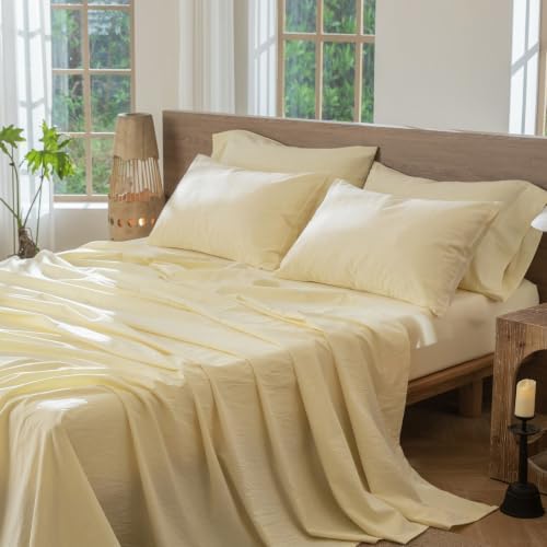 MooMee Sheet Set 100% Washed Cotton Linen-Like Extra Deep Pocket Queen