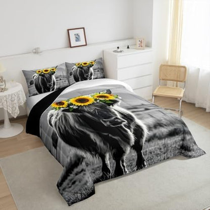 Erosebridal Highland Cow Comforter Set King Size for Adult Women Sunflower Print Bedding Farmhouse Decor Wild Animal Cows with Gray Fur Quilted Duvet 3 Pcs ,1 Cover + 2 Pillowcases