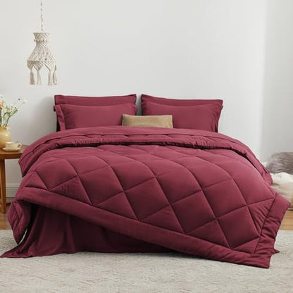 Love's cabin King Size Comforter Set Burgundy, 7 Pieces King Bed in a Bag, All Season Bedding Sets with 1 Comforter, 1 Flat Sheet, 1 Fitted Sheet, 2 Pillowcase and 2 Pillow Sham