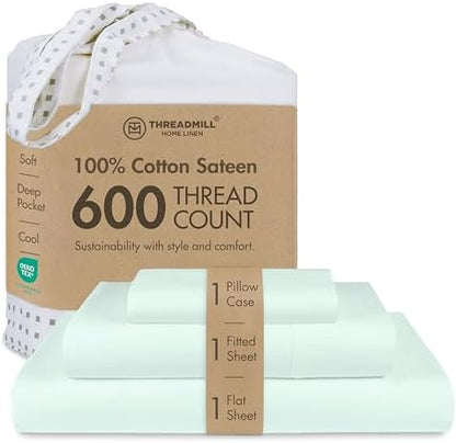 Threadmill 600 Thread Count Cotton Twin Sheet Set, Sateen, 3-Piece, Cooling