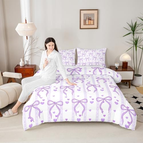 Castle Fairy Purple Bowknot Kids Comforter Set,Dreamy Princess Style Bedding Set All Season,Girls Teens Bedroom Decor,Sweet Heart Print Purple Ribbon Comforter Toddler Size,1 Pillowcase