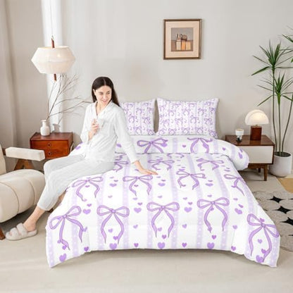 Castle Fairy Purple Bowknot Kids Comforter Set,Dreamy Princess Style Bedding Set All Season,Girls Teens Bedroom Decor,Sweet Heart Print Purple Ribbon Comforter Toddler Size,1 Pillowcase