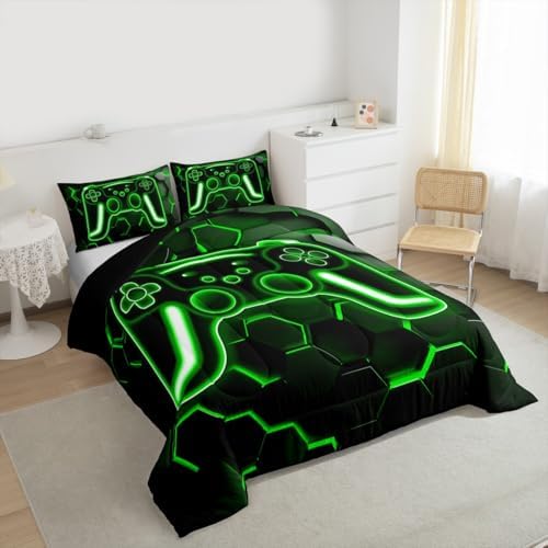 Erosebridal Gamer Comforter Set Neon Honeycomb Gaming King Bedding Set, Game Boy Games Comforter Green Hexagon Lights Duvet Insert,Boys Bedroom Decor