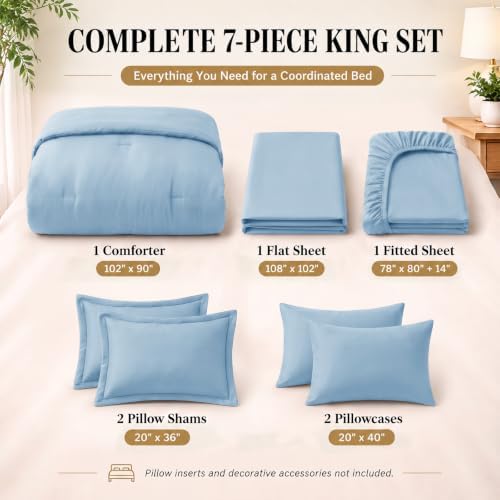 CozyLux King Size Comforter Set Baby Blue, 7 Pieces Bed in a Bag King Comforter Set with Sheets, Bedding Sets with Down Alternative Comforter, Sheets, Pillowcases & Shams, Soft All Seasons Bed Set