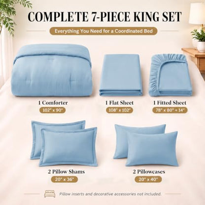 CozyLux King Size Comforter Set Baby Blue, 7 Pieces Bed in a Bag King Comforter Set with Sheets, Bedding Sets with Down Alternative Comforter, Sheets, Pillowcases & Shams, Soft All Seasons Bed Set