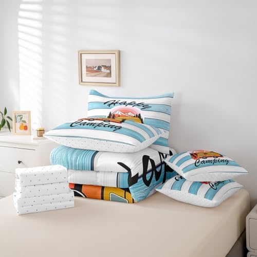 Erosebridal Happy Camping Comforter Set Queen Size,Cartoon RV Bedding Set for Kids Teens,Blue Wooden Plank (Comforter+Fitted+Flat Sheet+2 Pillowcases+2 Throw Pillow Covers) 7 Pieces Bed Set
