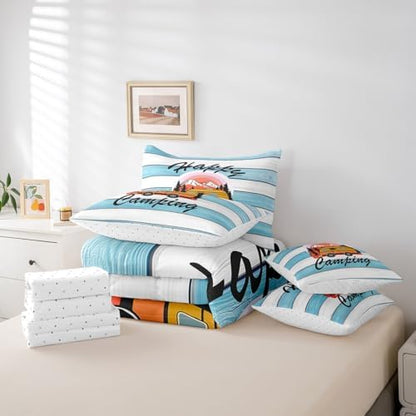 Erosebridal Happy Camping Comforter Set King Size,Cartoon RV Bedding Set for Kids Teens,Blue Wooden Plank (Comforter+Fitted+Flat Sheet+2 Pillowcases+2 Throw Pillow Covers) 7 Pieces Bed Set