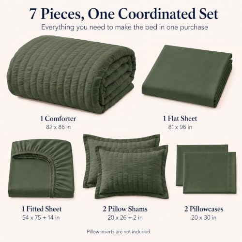 CozyLux Full Size Comforter Set 7 Pieces Dark Green Seersucker Bed in a Bag