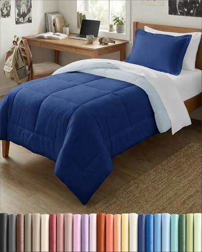 Twin Comforter Set - Navy Blue/Sky Blue Bedding, All Seasons - 2 Piece Set