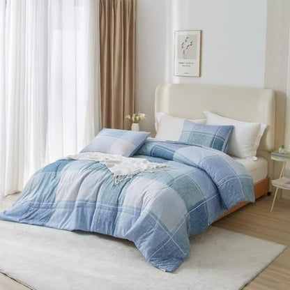 LifeTB Blue Checkered Comforter Full Comforter Set Geometric Plaid Checkered Pattern Comforter for Men Boys Modern Grid Plaid Bedding Comforter Set for All Seasons Lightweight Soft Fluffy Bed Set