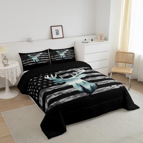 Feelyou Queen Camo Deer Hunting Bedding Set for Kids with 2 Pillow Cases, Forest Smoky American Flag Duvet