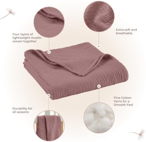 100% Cotton Organic Muslin Baby Swaddle Blanket GOTS & Fairtrade Certified Organic Cotton - Couch Living Room and Bedroom Decor - 4 Layer Super Soft and Cozy (Wood Rose, Baby)