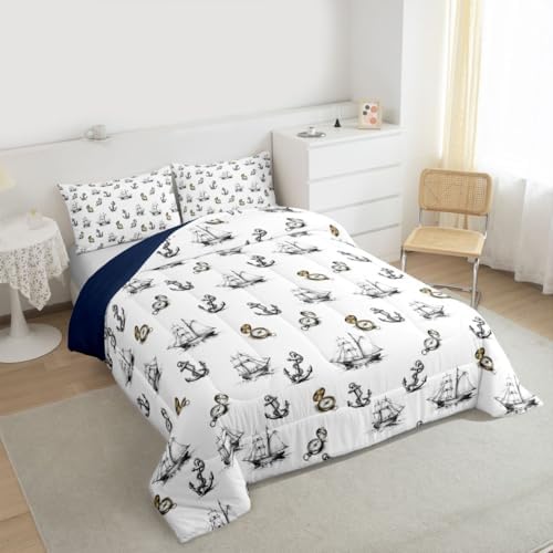 Castle Fairy Anchor Nautical Compass Comforter Set Twin Size Ships Sailboat Bedding Set 2pcs,Retro Sketch Style for Kids Boys Girls Room Decor,Ocean Adventure Piece All Season with 1 Pillowcase