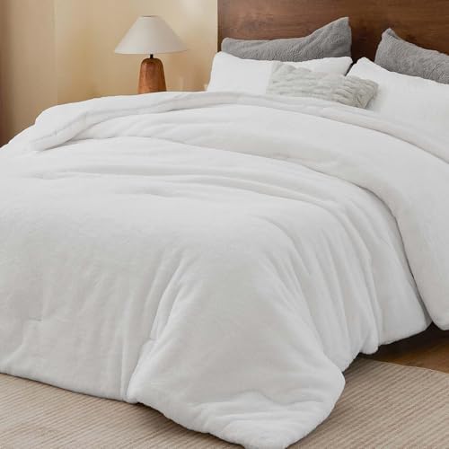 BEDELITE Faux Fur Twin Comforter Set White,Warm Bedding with 1 Pillowcase