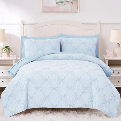 Queen Comforter Set with Sheets for Girls-7 Pieces Bow Bed in A Bag